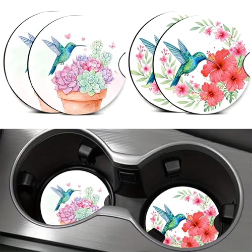 4PCS Hummingbird Car Cup Holder Coasters, Bird Car Coasters Cars Accessories Interior Decor Universal Neoprene 2.75" Anti-Slip Rubber Mat with Finger Slot, Hummingbird Gifts for Women, Men, Driver - color: Hummingbird