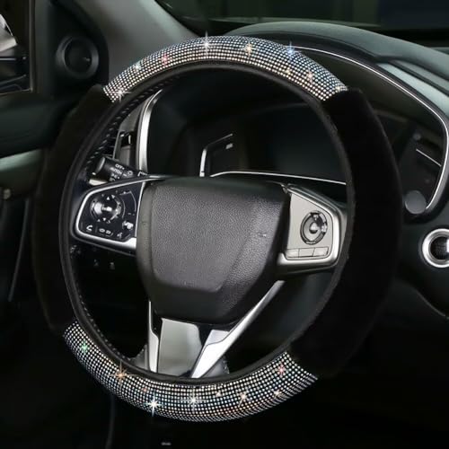 Bling Fluffy Steering Wheel Cover for Women Girls, Rhinestone Diamond Sparkling Fur Steering Wheel Protector Elastic Steering Wheel Covers Winter Warm Universal Fit 14-15 inches -Black - color: Black02