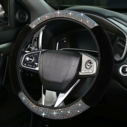 Bling Fluffy Steering Wheel Cover for Women Girls, Rhinestone Diamond Sparkling Fur Steering Wheel Protector Elastic Steering Wheel Covers Winter Warm Universal Fit 14-15 inches -Black - color: Black02