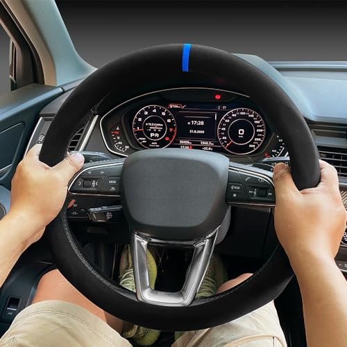 Carodi Suede Steering Wheel Cover ， Non-Slip Leather Car Interior Fitting 15-inch Universal - color: Black (blue lable)