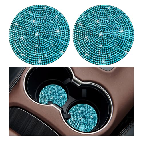 Ziciner 2PCS Bling Car Cup Holder Coaster, 2.73 Inch Anti-Slip Cup Insert Coasters, Crystal Rhinestone Auto Drink Cup Mat, Universal Interior Decor Car Accessories for Women Girls (Light Blue) - color: Light Blue, size: 2 Coaster+No Button Cover