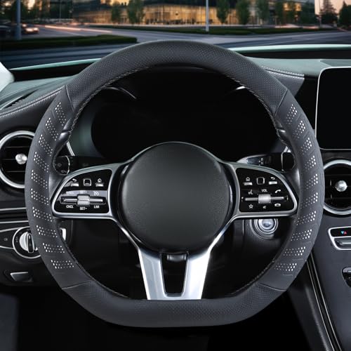 3D Premium Skin-Feel Leather D Shaped Car Steering Wheel Cover, Anti-Slip Breathable Soft Slim Design, Universal 15 inch, Black with White - color: Black with White, size: D Type-Medium[14.5''-15'']