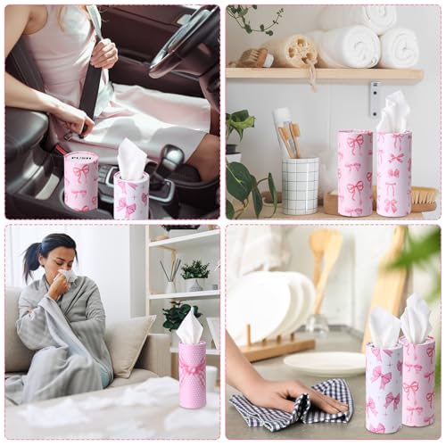 Outus 12 Pcs Bow Car Tissues Cylinder Holder with 3 Ply Facial Tissue Bulk Pink Bow Ribbon Round Tissue Holder Travel Tissues Boxes Container for Car Cup Wedding Birthday Party - style: Bow