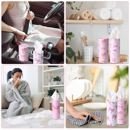 Outus 12 Pcs Bow Car Tissues Cylinder Holder with 3 Ply Facial Tissue Bulk Pink Bow Ribbon Round Tissue Holder Travel Tissues Boxes Container for Car Cup Wedding Birthday Party - style: Bow