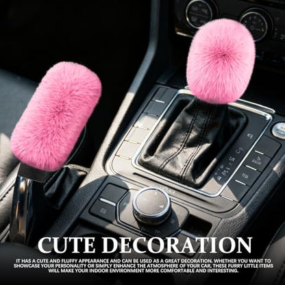 2PCS Plush Car Gear Shift Knob Cover & Handbrake Cover, Shift Knob Protector, Soft Fluffy Gear Handbrake Protective Sleeves, Shifter Lever Brake Handle Warm Plush Set for Cars (Pink)