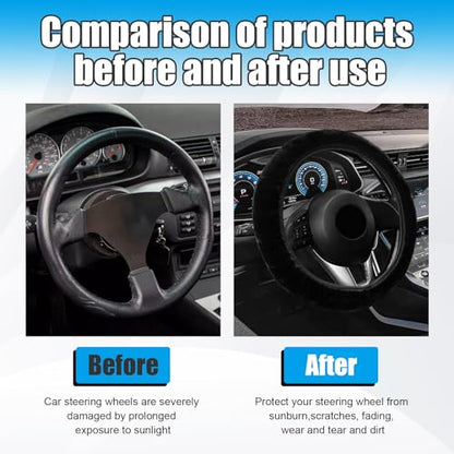 Car Fluffy Steering Wheel Cover, 15'' Universal Furry Auto Steering Wheel Protector for Warm Winter, Elastic Non-Slip Car Steering Wheel Cover, Vehicle Interior Decor Accessories (Black)