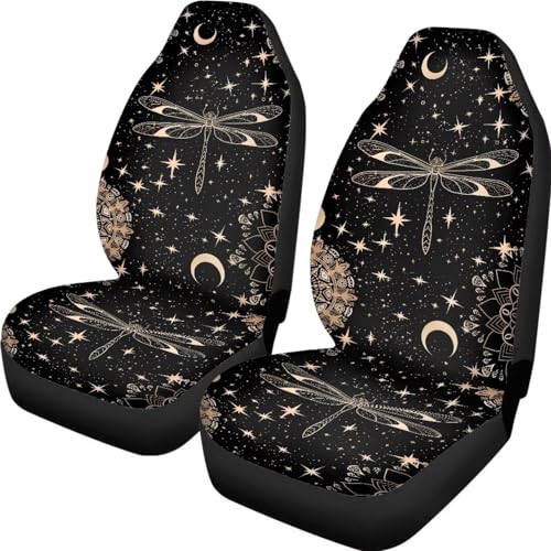 Dragonfly Print Cloth Car Seat Covers Front Seats Only Star Moon Print Car Front Seat Covers 2 Pack Universal Decorative Auto Interior Accessories for Truck Sedan SUV - color: Black - Dragonfly Star Moon