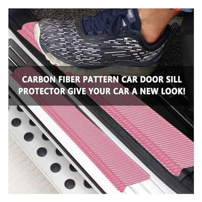 4PCS Car Door Sill Protector with Scraper,Carbon Fiber Car Door Protector Edge Guards for Front Rear Door Sills,Universal Anti-Scratch Car Door Threshold Strips (Pink)