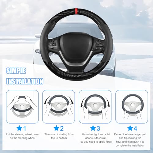 Car Steering Wheel Cover, 14.5-15" Carbon Fiber Vehicle Steering Wheel Protector with Non-Slip Lining, Breathable Auto Interior Decoration Accessories, Universal for Vehicles (Black)