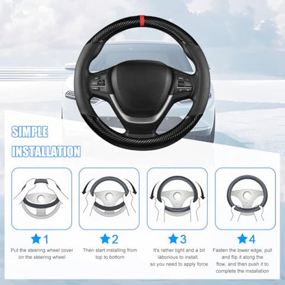 Car Steering Wheel Cover, 14.5-15" Carbon Fiber Vehicle Steering Wheel Protector with Non-Slip Lining, Breathable Auto Interior Decoration Accessories, Universal for Vehicles (Black)