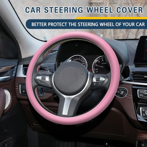 Car Steering Wheel Cover, 13 to 14.17 inches Non-Slip Silicone Steering Wheel Protector, Car Accessories Thin Soft Leather Texture Steering Wheel Protective Cover for Most Cars (Pink) - color: Pink