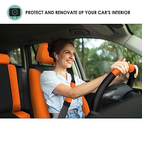 FH Group Flat Cloth Seat Covers Front Seat and Solid Rear Bench Full Set with Gift - Universal Fit for Cars, Trucks & SUVs (Orange) - color: Orange