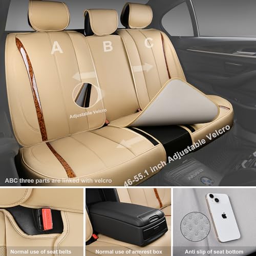 CAR PASS Beige Leather Car Seat Covers, Breathable Waterproof Nappa Automotive Seat Covers Full Set, Anti-Slip Driver Seat Cushion with Backrest Universal Fits SUV Pick-up Truck Sedan, Wood Grain - color: Beige Wood Grain, size: Full Set