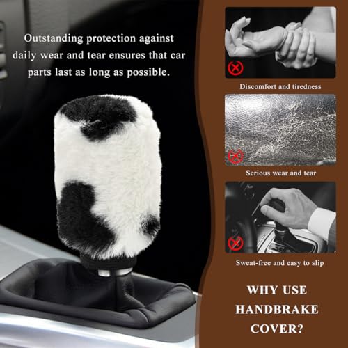 Cow Print Car Shift Knob Cover, Cute Cow Print Anti-Slip Plush Shifter Stick Protector for Winter Warm, Soft Fluffy Comfortable Grip Printed Gear Shift Covers for Women Girls