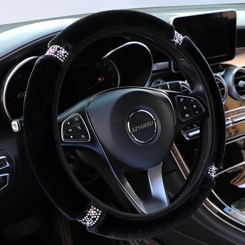 Diamond Fluffy Steering Wheel Cover with Colorful Rhinestones Crystal for Women Girls, Universal 15-Inch (38cm) Auto Elastic Protector, Car Accessories for Most Cars, SUVs | Black