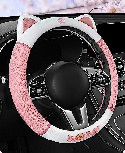 Women's Cartoon Steering Wheel Cover Comfortable, Breathable, Non-Slip All-Season Car Accessory Universal 15-inch Fit Suitable for Sedans, Pickup Trucks, and SUVs - color: Pink