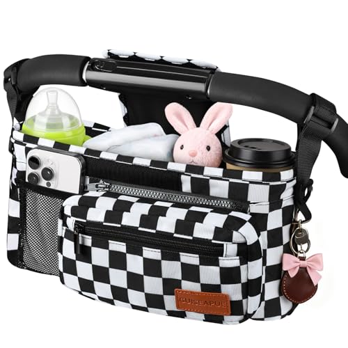 Guiseapue Universal Stroller Organizer with Cup Holder: Baby Essentials, Stroller Caddy with Shoulder Strap, Detachable Phone Bag, Stroller Accessories, Chirstmas New Moms Baby Gifts - color: Checkerboard, size: Single Stroller