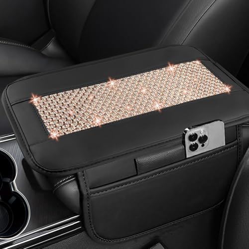 NBTEPEM Bling Car Armrest Cover, Universal Microfiber Leather Center Console Cover with 2 Pockets, Rhinestone Car Armrest Cushion, Bling Accessories Interior for Most Vehicles (Champagne Diamond) - color: Champagne Diamond