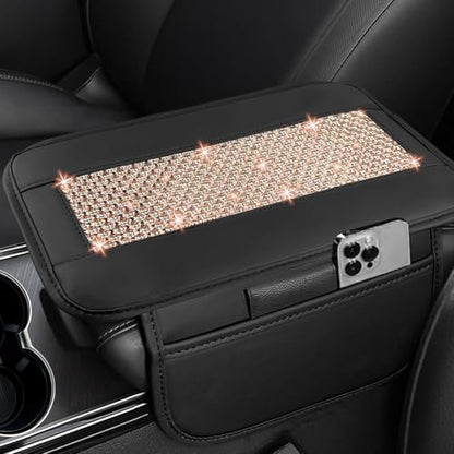 NBTEPEM Bling Car Armrest Cover, Universal Microfiber Leather Center Console Cover with 2 Pockets, Rhinestone Car Armrest Cushion, Bling Accessories Interior for Most Vehicles (Champagne Diamond) - color: Champagne Diamond
