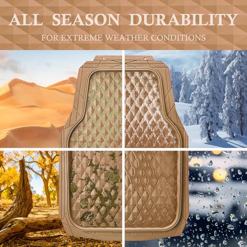 CAR PASS Heavy Duty Rubber Beige Car Floor Mats & Cargo Liners, Deep Dish All-Weather Trunk Mats Durable Anti-Slip 3D Rhombus Waterproof Trim to Fit Liner Universal Fit Auto,Sedan,SUV,Truck, Beige - color: beige with cargo liner