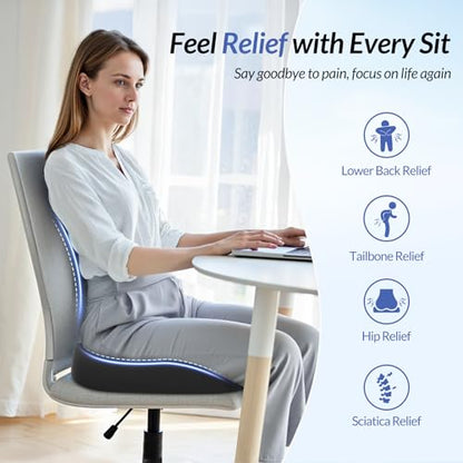 Ergonomic Seat Cushion with Thigh Relief Slope, High-Density Memory Foam Office Chair Cushions with U-Shaped Back for Tailbone, Sciatica Pain Relief, Suitable for Car Seat, Airplane, Bleacher