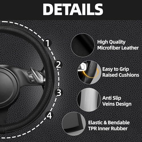 NBTEPEM 6 PCS Car Steering Wheel Cover Set, Microfiber Leather Steering Wheel Covers Universal 14.5-15 inch, Center Console Cover, Seat Belt Cushion, Cup Holder Coaster, Car Accessories Set Black - color: Black, size: Steering Wheel Cover Set