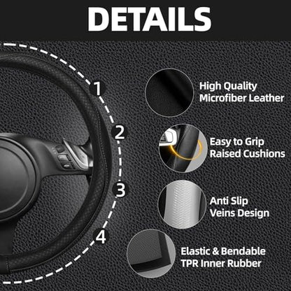 NBTEPEM 6 PCS Car Steering Wheel Cover Set, Microfiber Leather Steering Wheel Covers Universal 14.5-15 inch, Center Console Cover, Seat Belt Cushion, Cup Holder Coaster, Car Accessories Set Black - color: Black, size: Steering Wheel Cover Set