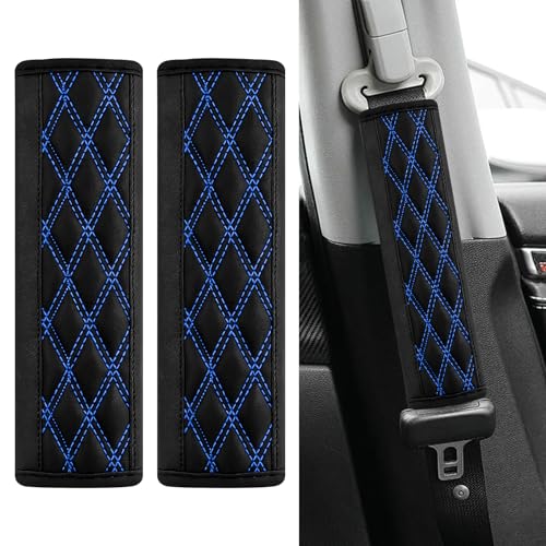 2PCS Car Seat Belt Cover Pads, Leather Seatbelt Covers for Cars, Breathable Leather Shoulder Pads Protect Your Neck, Automotive Interior Seat Strap Protecter Cushion for Most Autos (Blue) - color: Blue