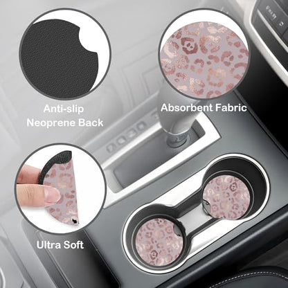 Rose Gold Leopard Print Steering Wheel Cover with 2 Pcs Car Coasters Neoprene Steering Wheel Cover for Women Men Anti-Slip Breathable Car Accessories Universal 15 Inch Fit Auto Cars Trucks - color: Rose Gold Leopard Print
