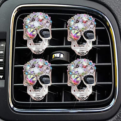 Bling Skull Air Vent Clips, 4 Pcs Crystal Skull Car Air Fresheners Vent Clips Car Diffuser Vent Clip Rhinestone Diamond Decoration Cute Interior Decor Bling Accessories for Women