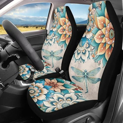 Boho Flower Print Car Front Seat Cover Dragonfly Auto Seat Cover Car Interior Accessories Anti Slip Car Seat Protector - color: Boho Flower Dragonfly