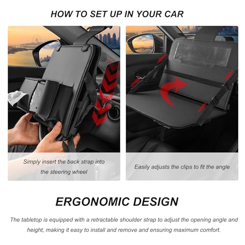 Car Steering Wheel Tray, Foldable Car Laptop Desk Eating Food Tray with Transparent Holder & Tissue Box, Adjustable Back Seat Headrest Table for in-Car Dining Working Studying (Red) - color: Red