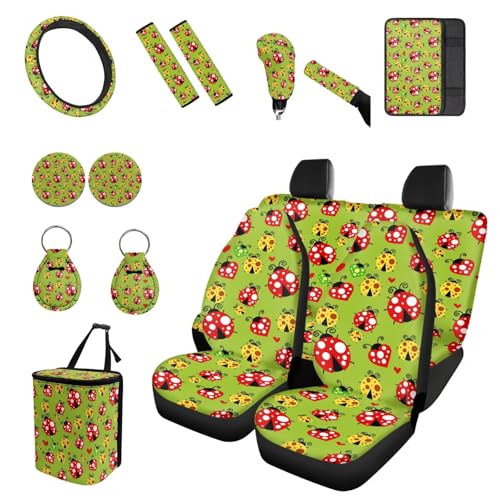 Forchrinse Colorful Ladybug Car Seat Covers Full Set for Women Front Back Seat Cover Steering Wheel Cover Seatbelt Pads Handbrake Gearshift Cover Garbage Can 15Pack Auto Accessories - color: Colorful Ladybug