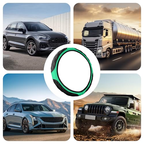 15 Inch Car Leather Steering Wheel Cover, Automotive Accessories Elastic Breathable Anti-Slip Soft Wheel Protector Fits Men and Women, Suitable for SUVs, Trucks, Vehicles and RVs (Green) - color: Green
