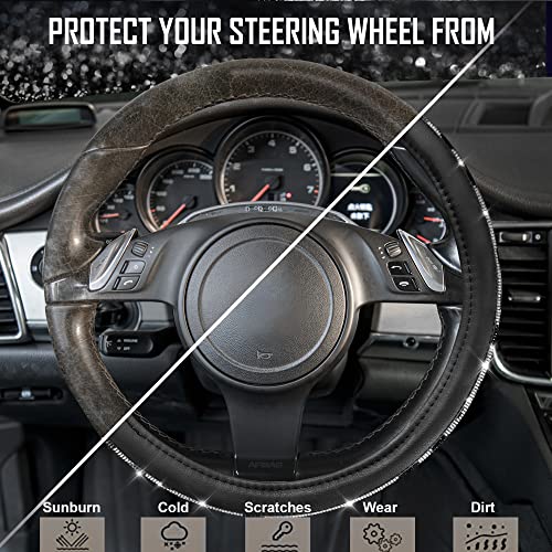 CAR PASS Bling Cow Print Diamond Steering Wheel Cover, with Sparkly Crystal Glitter Rhinestones Black Leather Car Wheel Protect for Women Girl Fit Suvs,Vans,Sedans,Cars,Trucks, 14" 1/2-15" Cow Design - color: Cow Diamond