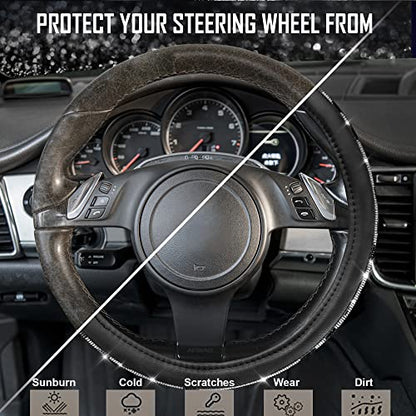 CAR PASS Bling Cow Print Diamond Steering Wheel Cover, with Sparkly Crystal Glitter Rhinestones Black Leather Car Wheel Protect for Women Girl Fit Suvs,Vans,Sedans,Cars,Trucks, 14" 1/2-15" Cow Design - color: Cow Diamond