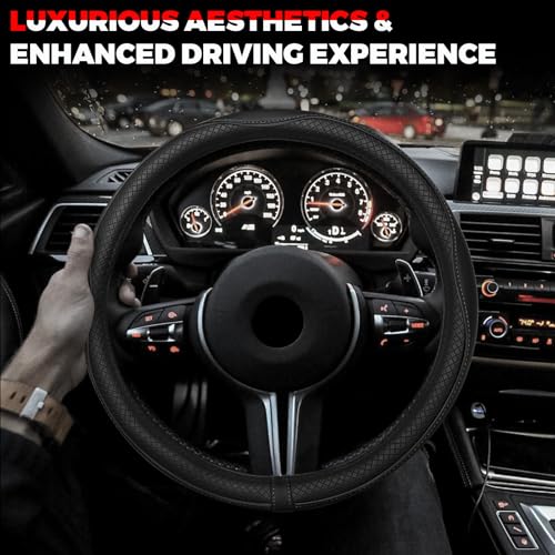 Ouzorp Car Steering Wheel Cover, Microfiber Leather Steering Wheel Covers with Anti-Slip Lining, Universal 14.5-15 inchs Black - color: Black,Medium(Standard) Size[14.5"-15"]