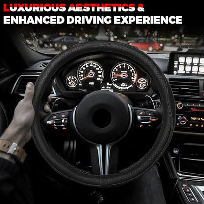 Ouzorp Car Steering Wheel Cover, Microfiber Leather Steering Wheel Covers with Anti-Slip Lining, Universal 14.5-15 inchs Black - color: Black,Medium(Standard) Size[14.5"-15"]
