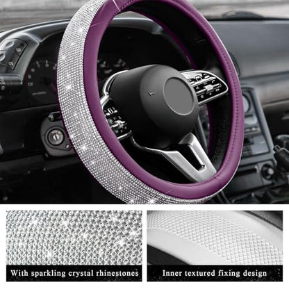 Diamond Leather Steering Wheel Cover, 15 Inch Bling Crystal Rhinestone Anti-Slip Wheel Protector, Universal Sparkling Elegant Diamond Steering Wheels Cover for Women Girl (White&Purple) - color: White&Purple