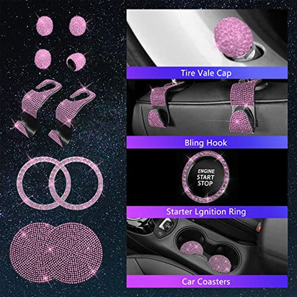 25PCS Bling Car Car Accessories Set,15 Inch Steering Wheel Cover,Shiny License Plate Frame,Center Console Cover and Rearview Mirror Set and Other Car Accessories(Pink) - color: Pink