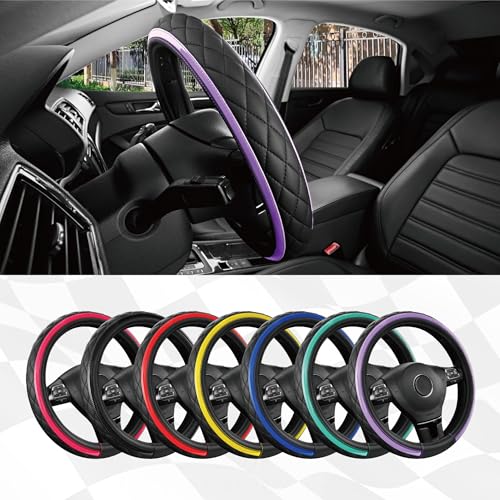 Road Comforts Leather Steering Wheel Cover – Black & Purple, Universal Fit 14.5-15 Inch, Microfiber Leather, Anti-Slip & Breathable Design for Men and Women - color: Purple