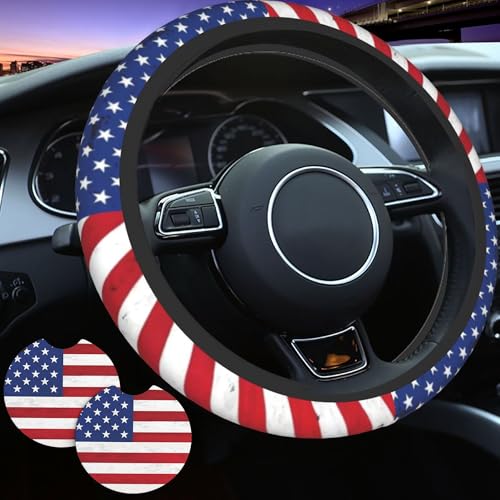 American Flag Steering Wheel Sleeve - Retro United States Flag Wheel Sleeve Quality Friendly Neoprene Slip-Resistant Includes 2 Car Cup Coasters Decor For 15-In Men Women Universal Car Wheel Protector - color: American Flag