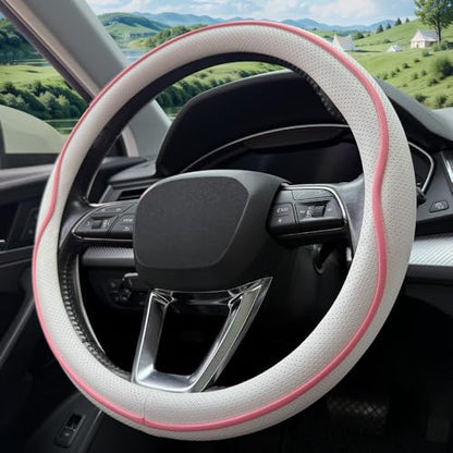 HAOTULE Leather Steering Wheel Cover， with Anti-Slip Stripe Design - Enhanced Grip, Fashion Style, Safe, Non-Slip, Breathable. Upgrade car Interior，White Pink - color: White Pink