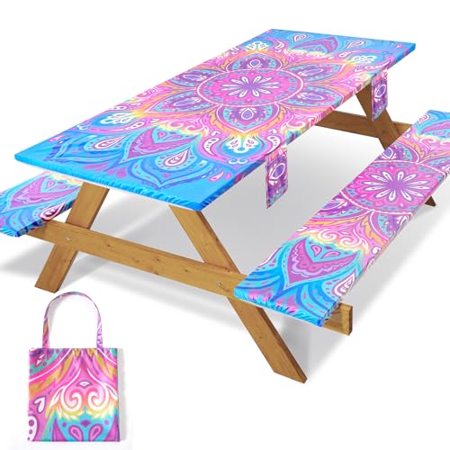 3 Piece Picnic Table Cover with Bench Covers 72x30In Fitted Elastic Heavy Duty Camping Table Cloths Camp Motorhome Gear Garden Festival Stuff Road Trip Outdoors Must Haves Gifts for Mom Dad - color: Pink Datura, size: 72*30Inch