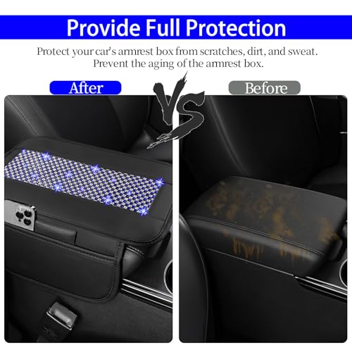 NBTEPEM Bling Car Armrest Cover, Universal Microfiber Leather Center Console Cover with 2 Pockets, Rhinestone Car Armrest Cushion Protector, Bling Accessories Interior for Most Vehicles (Blue Diamond)