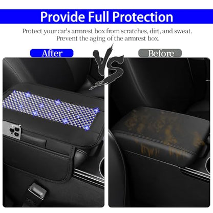 NBTEPEM Bling Car Armrest Cover, Universal Microfiber Leather Center Console Cover with 2 Pockets, Rhinestone Car Armrest Cushion Protector, Bling Accessories Interior for Most Vehicles (Blue Diamond)