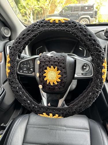 Handmade Crochet Sun Moon Car Steering Wheel Covers Universal 14-15 inch,Cute Steering Wheel Cover,Car Accessories (Black Wheel Cover+2 Belt Cover) - color: Black Wheel Cover+2 Belt Cover