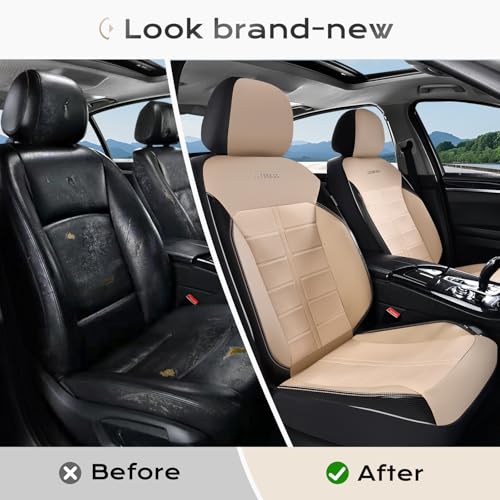 Coverado Front Seat Leather Covers, Full Leather Construction with Carbon Fibre Weave, Universal Fit for Most Cars SUV Trucks (Beige) - color: Beige, size: Front