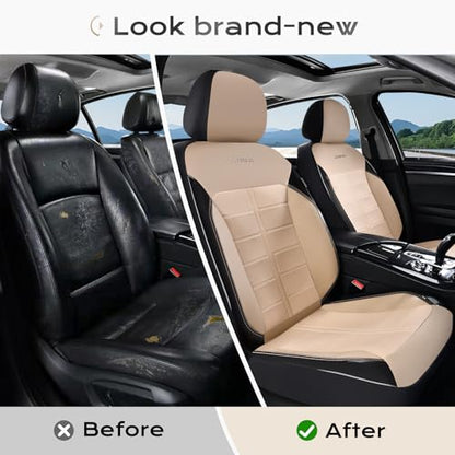 Coverado Front Seat Leather Covers, Full Leather Construction with Carbon Fibre Weave, Universal Fit for Most Cars SUV Trucks (Beige) - color: Beige, size: Front