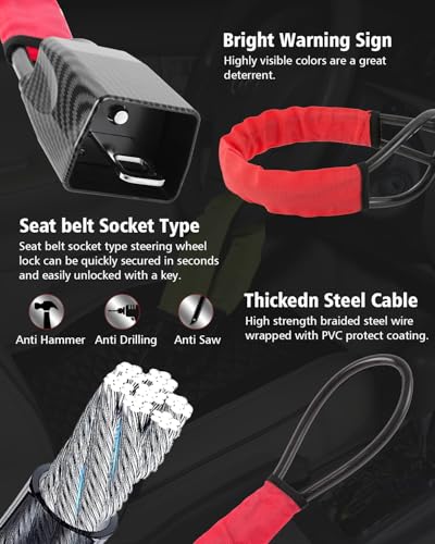 Upgraded car Steering Wheel Lock, seat Belt Lock and Anti-Theft Device, Water Transfer Printing Process, 3 Keys, Multi-Functional, Suitable for Most Vehicles, SUVs and Golf cart Security (red). - color: RED2